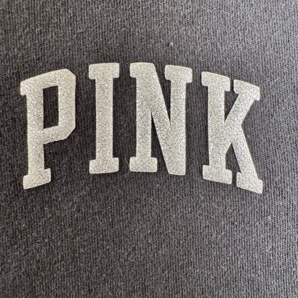 PINK Victoria's Secret Black Glitter Logo Hooded Long Sleeve Tee Shirt Womens S - Picture 2 of 14